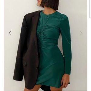 Thakoon Ruched Silk Mini Dress in Forest Green Long Sleeve Button Cuff Crew Neck